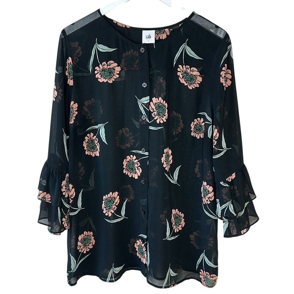 Cabi Black La Di Da Sheer Floral Ruffle Sleeve Button Up Blouse Top 5206 Size L
